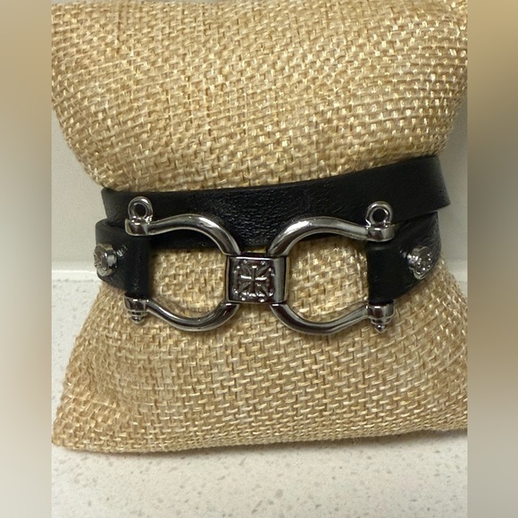 Rustic Cuff Black Leather Double Wrap Bracelet Choker Necklace Silver Hardware - Picture 2 of 11